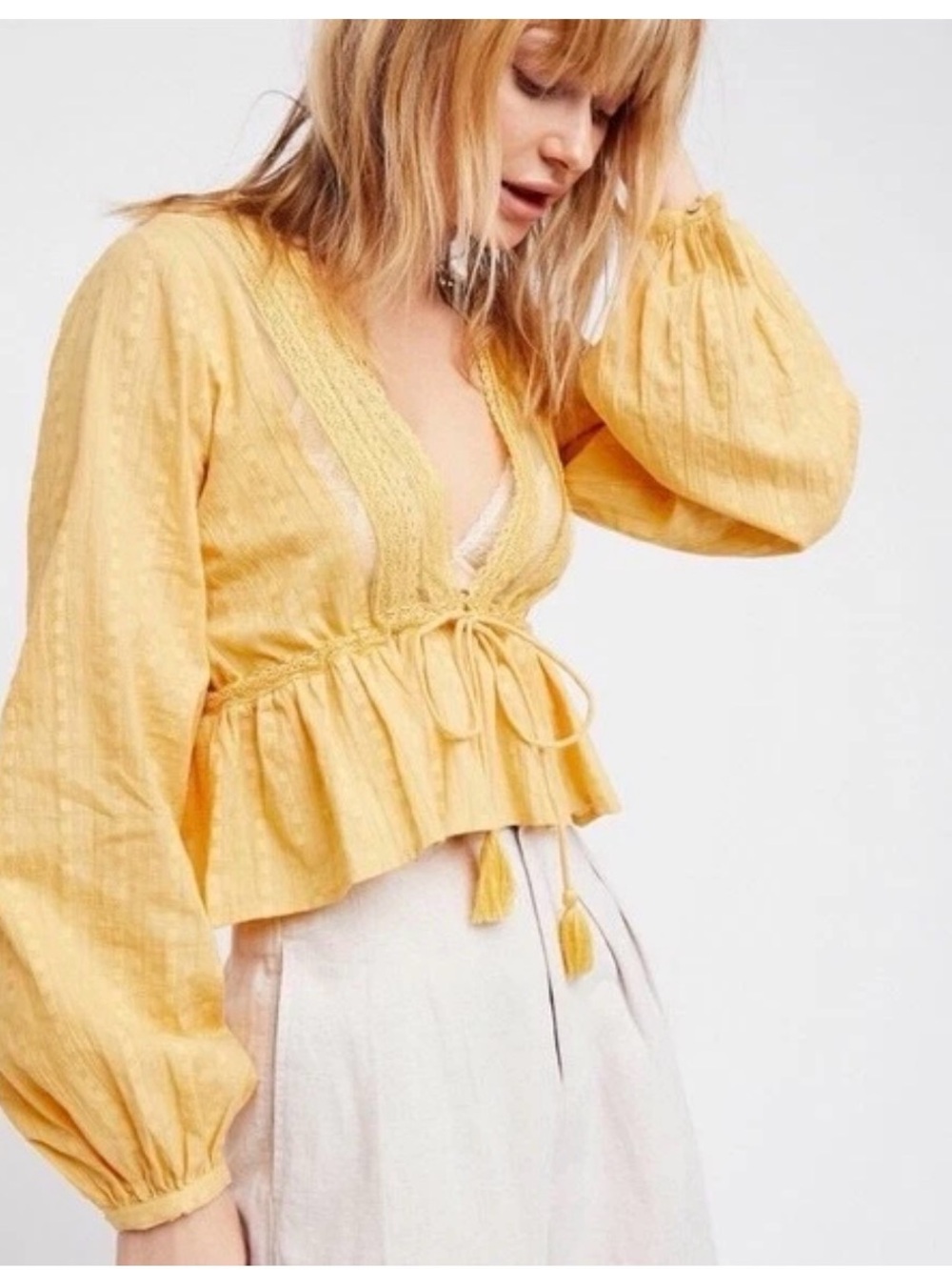 Free People Mustard Yellow Lace-Trim Tie-Front Peasant Blouse